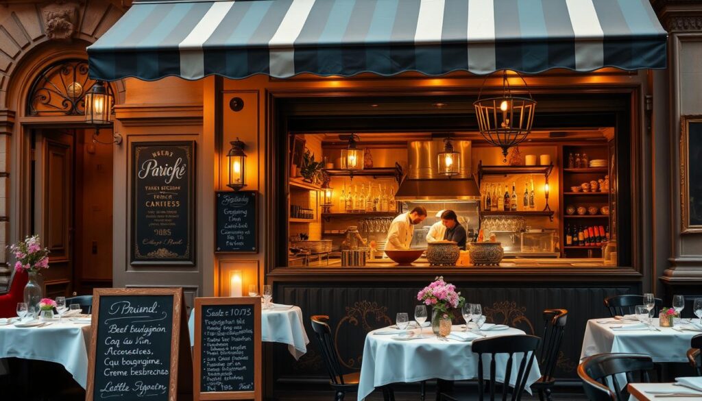 A lively Parisian-inspired scene in the heart of New York City. A cozy French bistro with ornate wrought-iron detailing and a charming striped awning. At the entrance, a chalkboard menu showcases the finest French delicacies. Inside, intimate tables are adorned with crisp white linens, delicate floral arrangements, and glowing candles, casting a warm, inviting glow. In the open kitchen, chefs skillfully prepare classic dishes like beef bourguignon, coq au vin, and crème brûlée, their aromas wafting through the air. Elegant Parisienne-style wall decor, brass accents, and a vintage-inspired bar complete the authentic French atmosphere. A refined and sophisticated dining experience, transporting patrons to the streets of Paris amidst the bustling energy of New York City.