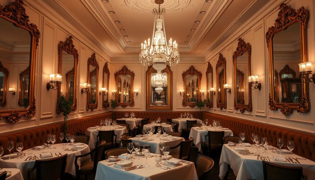 A luxurious French dining room in New York City, illuminated by soft, warm lighting that casts a cozy glow. Ornate, gilt-framed mirrors line the walls, reflecting the elegant, white-clothed tables set with fine china and gleaming silverware. Plush, tufted banquettes line the perimeter, providing comfortable seating for discerning diners. In the center, a grand, crystal chandelier hangs, casting a shimmering display. The atmosphere is one of refined sophistication, with a hint of old-world charm, inviting guests to savor the finest French cuisine in an upscale, metropolitan setting.