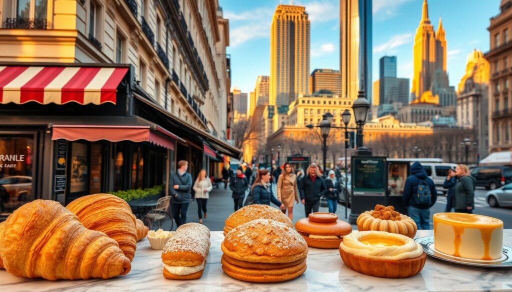 A mouth-watering display of traditional French desserts against the vibrant backdrop of a bustling New York City street. In the foreground, a variety of delicate pastries and confections – flaky croissants, rich éclairs, and decadent crème brûlée – arranged on a marble counter, their golden hues and intricate details capturing the artistry of French patisserie. The middle ground features the lively city scene, with pedestrians strolling past a charming café, its striped awnings and wrought-iron furniture evoking a Parisian ambiance. In the distance, the iconic skyscrapers of Manhattan's skyline rise, bathed in warm, golden light, creating a harmonious blend of Old World elegance and modern metropolitan energy.