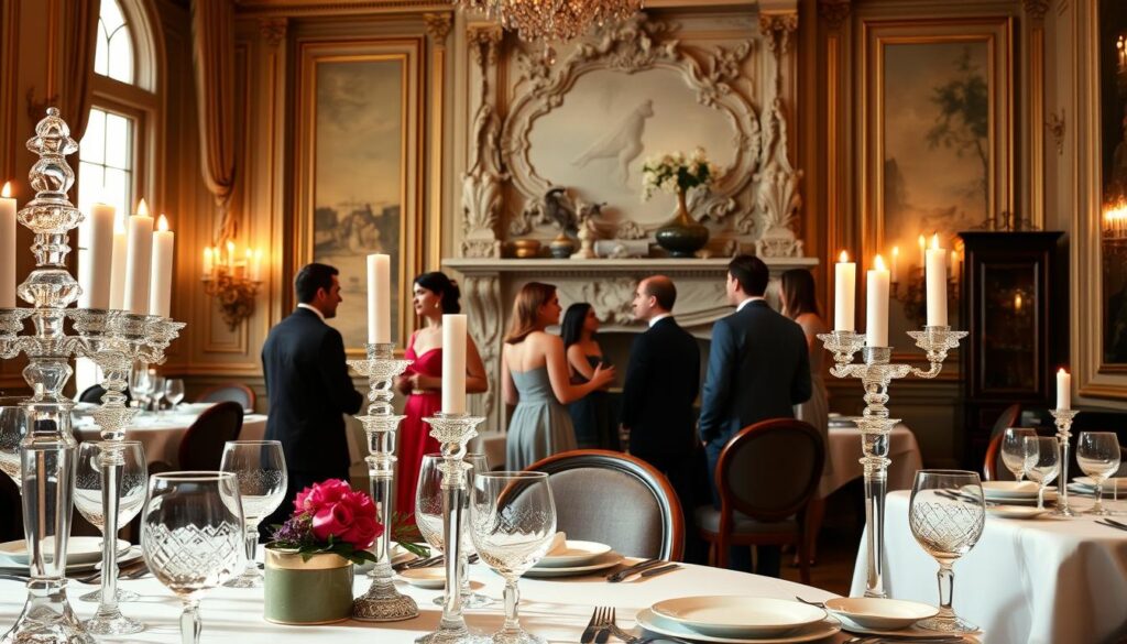 A sophisticated French restaurant interior with a elegant dining room. In the foreground, a beautifully set table with fine china, crystal glassware, and ornate candlesticks. The middle ground features a group of well-dressed guests enjoying an intimate gathering, conversing animatedly. The background showcases a grand fireplace with a ornate mantelpiece, and large windows that let in soft, warm lighting. The overall atmosphere is one of refined sophistication, classic French ambiance, and a sense of exclusive, private dining experience.