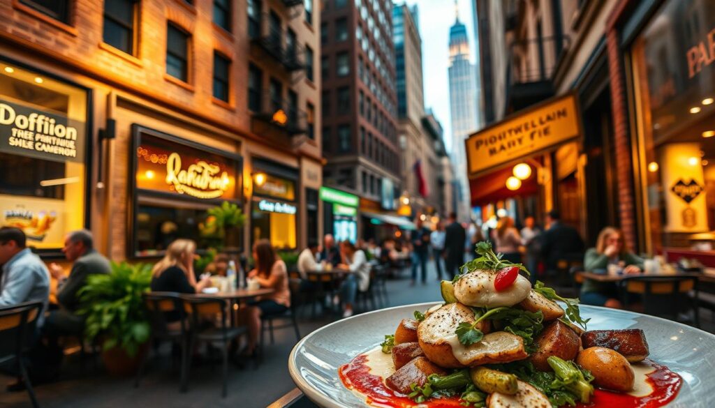 A vibrant fusion of French and American culinary traditions, set against the backdrop of a lively New York City street. In the foreground, a table showcases a meticulously plated dish, blending classic French techniques with bold American flavors. Delicate sauces, expertly seared proteins, and artfully arranged vegetables create a visually stunning presentation. The middle ground features the bustling energy of the city, with people enjoying their meals at cozy sidewalk cafes. Warm lighting casts a soft glow, accentuating the rustic charm of exposed brick walls and wrought-iron details. In the distance, the iconic skyscrapers of Manhattan rise, creating a dynamic contrast between the old-world elegance of French cuisine and the modern, fast-paced spirit of New York.